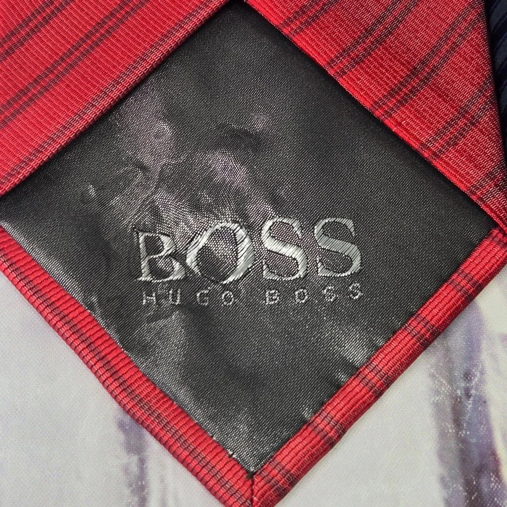 Lot of 2 Hugo Boss Neckties Red Navy Blue Striped Silk Business Formal Set Mens